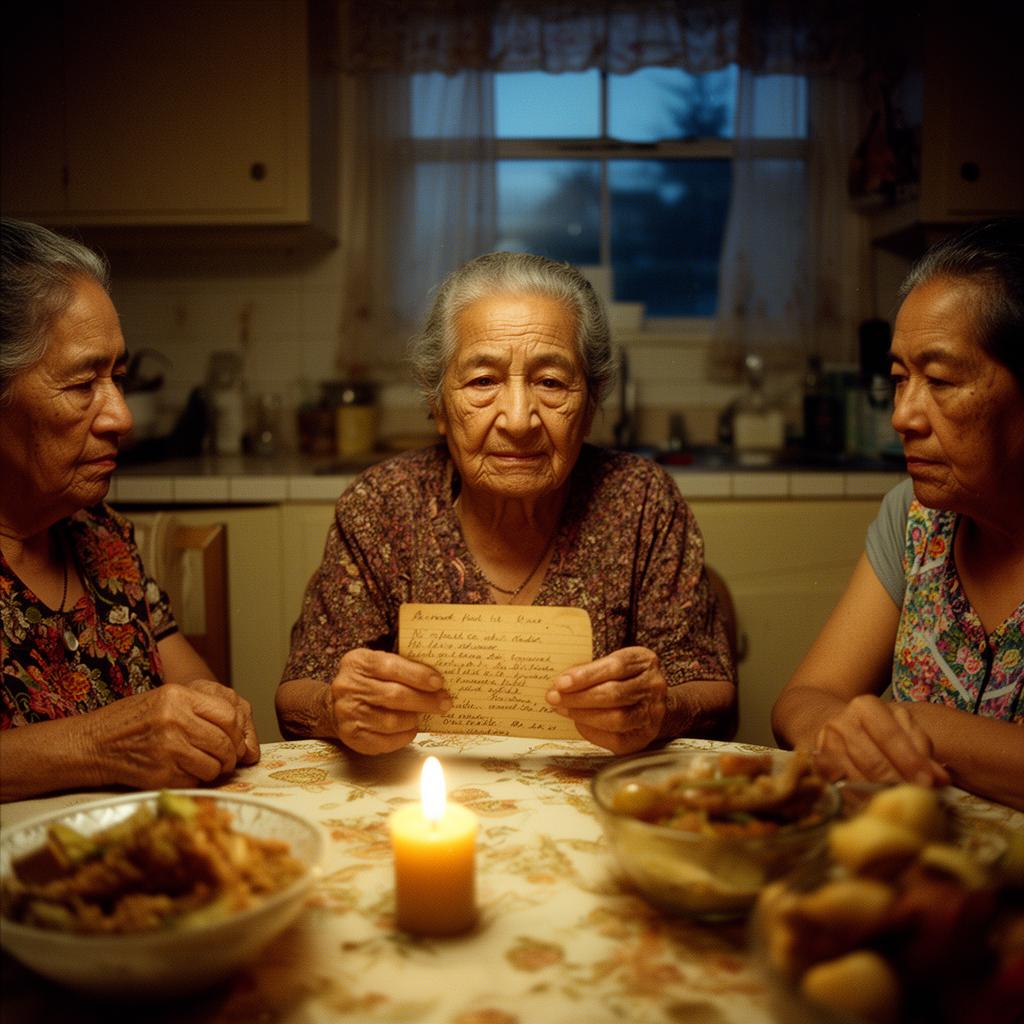 Three generations of Latina women at a kitchen table with a handwritten recipe