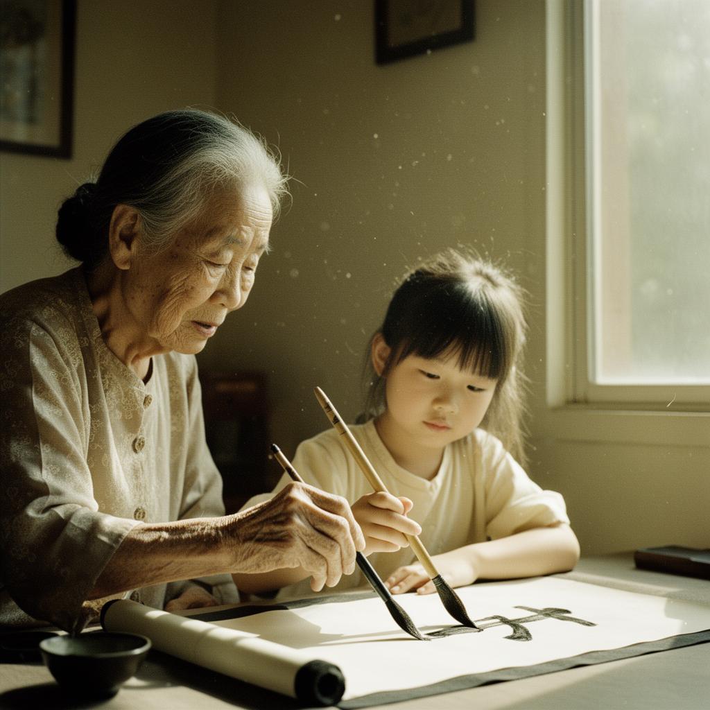 An Asian grandmother teaching her granddaughter calligraphy by a window