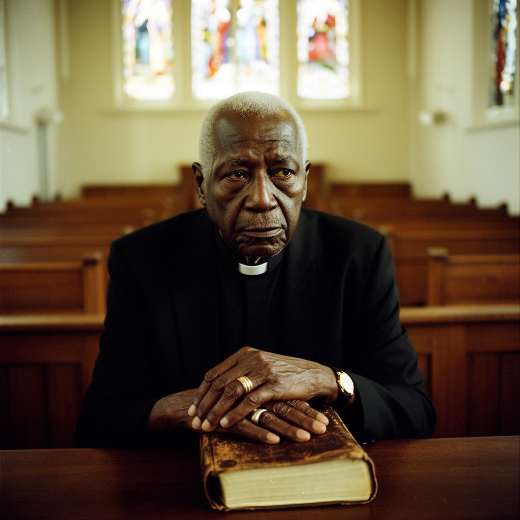 An elderly pastor with hands resting on a worn leather Bible in a sanctuary