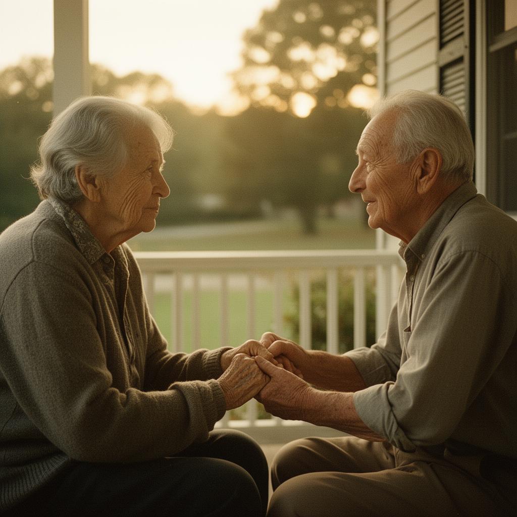 An elderly couple holding hands on a porch at golden hour
