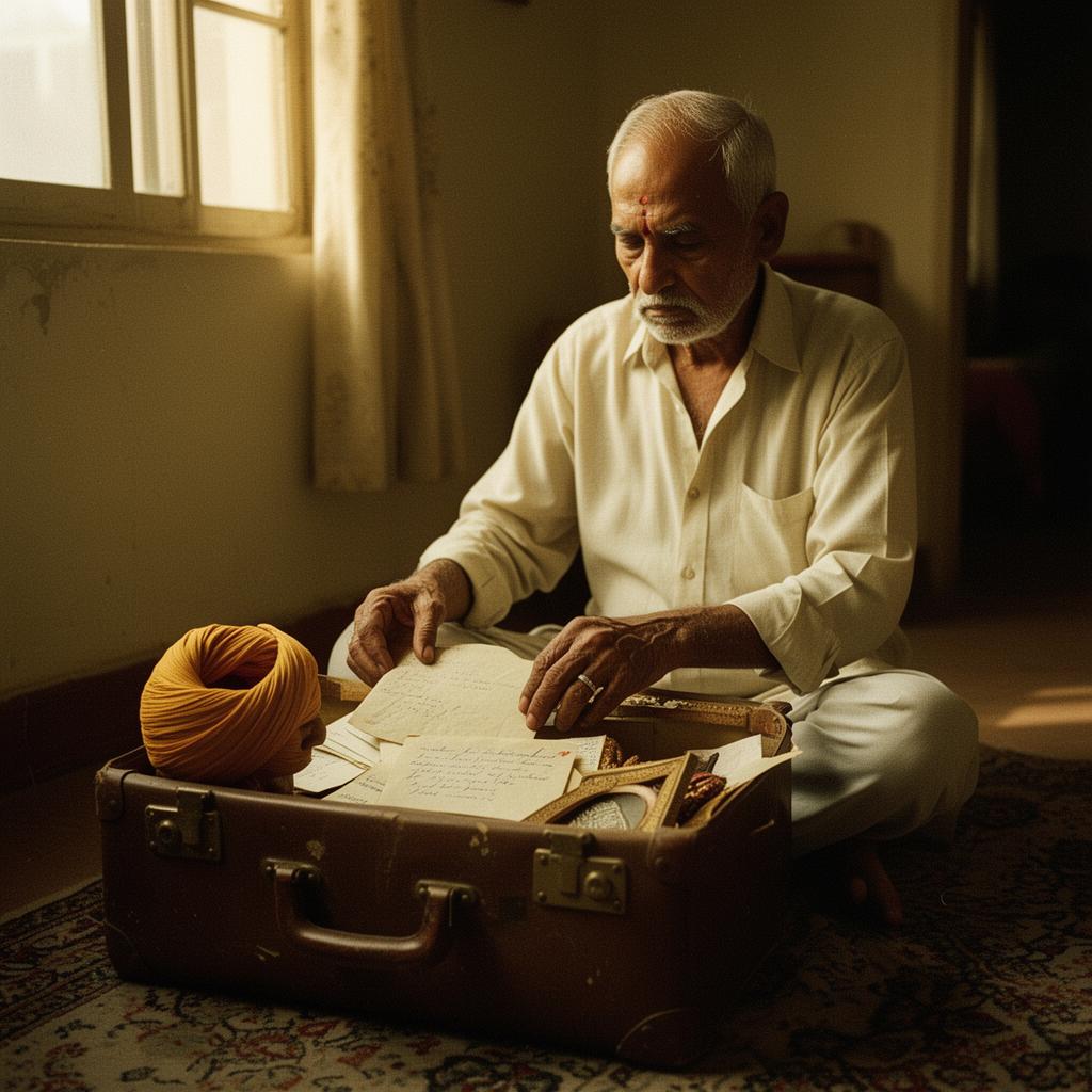 An immigrant grandfather sorting through an old suitcase of letters and keepsakes