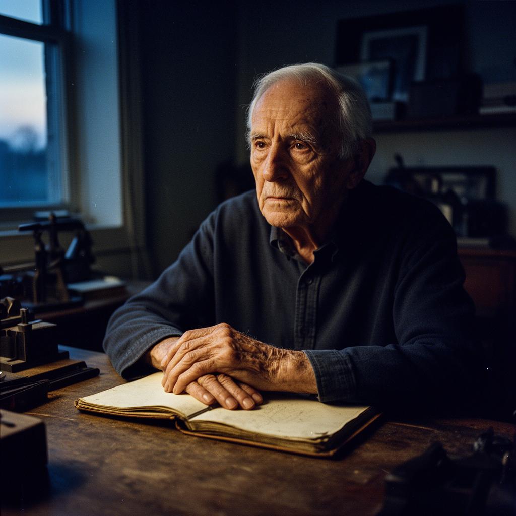 An elderly founder at a wooden desk with an open notebook at dusk