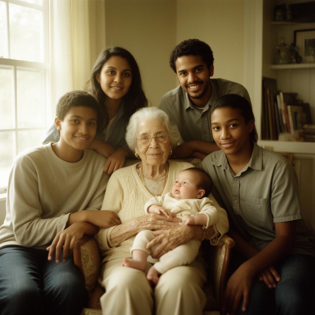 Four generations of a family gathered around a great-grandmother holding an infant